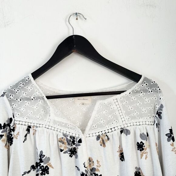 Melloday White Floral Pattern Eyelet Boho Peasant Long Sleeve Spilt Vneck Blouse - Picture 8 of 8